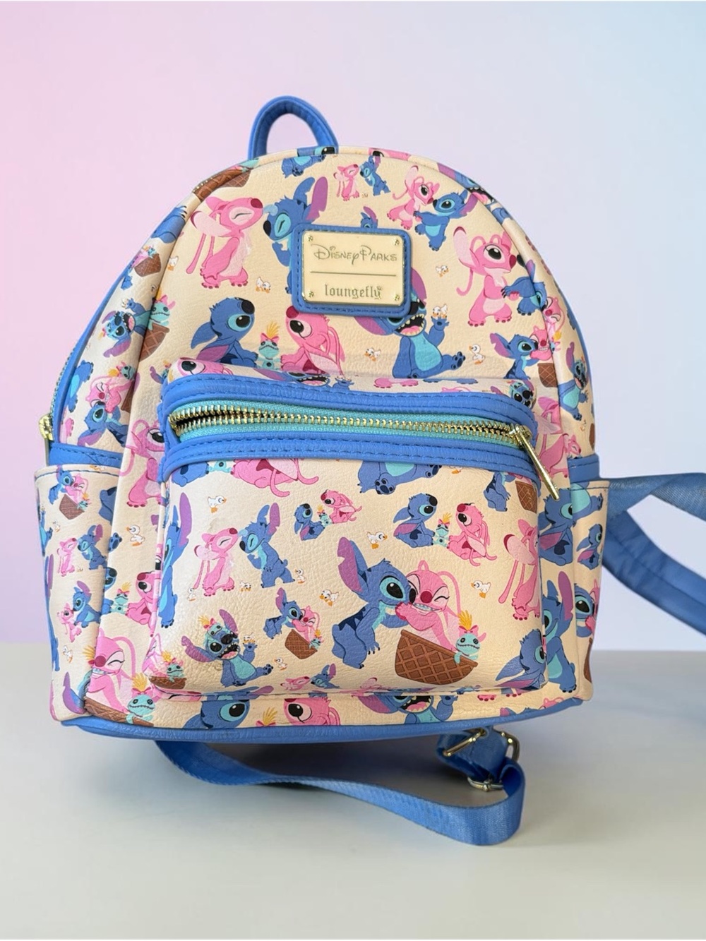 Loungefly Pink & Blue Stitch Pattern Mini Backpack
